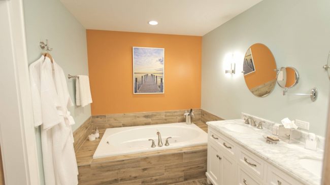 Bainbridge Bathroom with two person spa tub and heated floors.