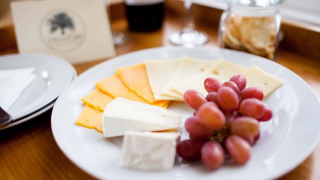 Wine and cheese plate at Seven Oaks